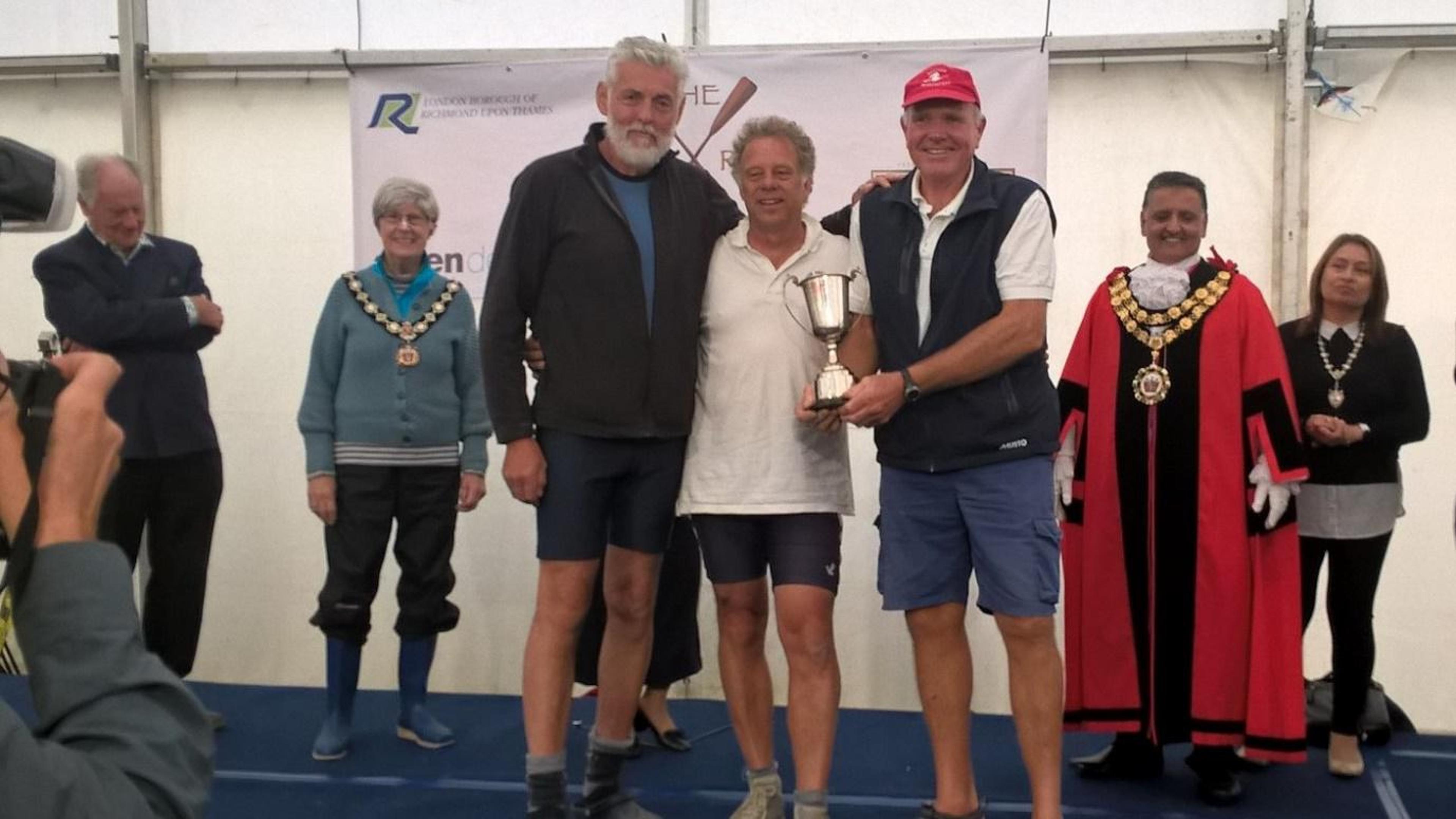 Brendan Sullivan, Keith Paxman and Will Langton with the Great River Race Trophy for Veteran (over 60) crews.