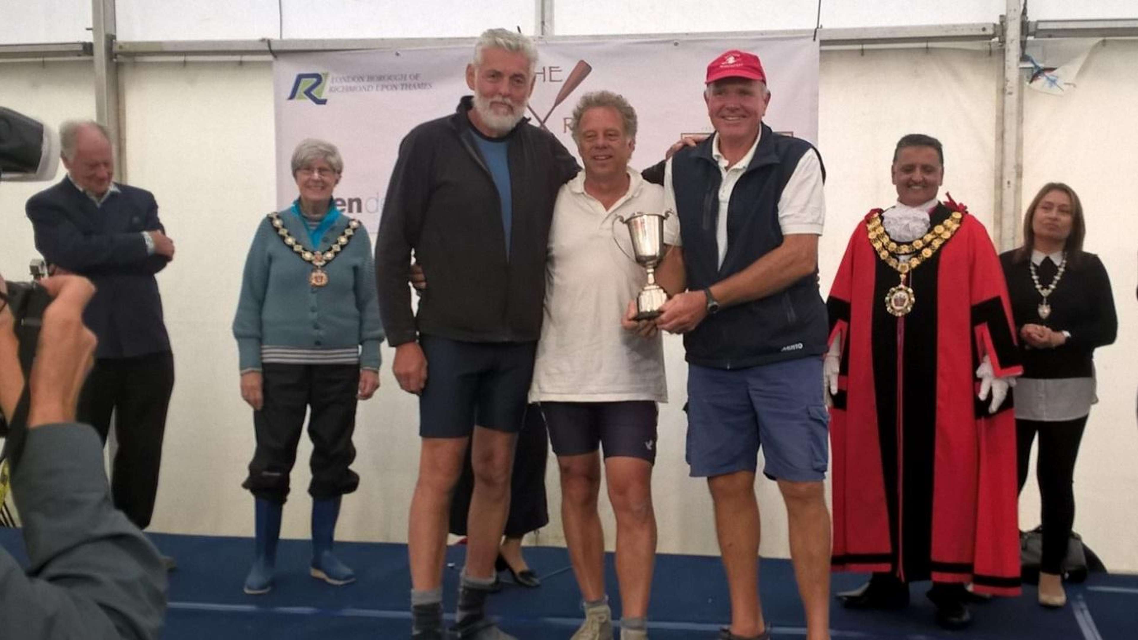 Brendan Sullivan, Keith Paxman and Will Langton with the Great River Race Trophy for Veteran (over 60) crews.