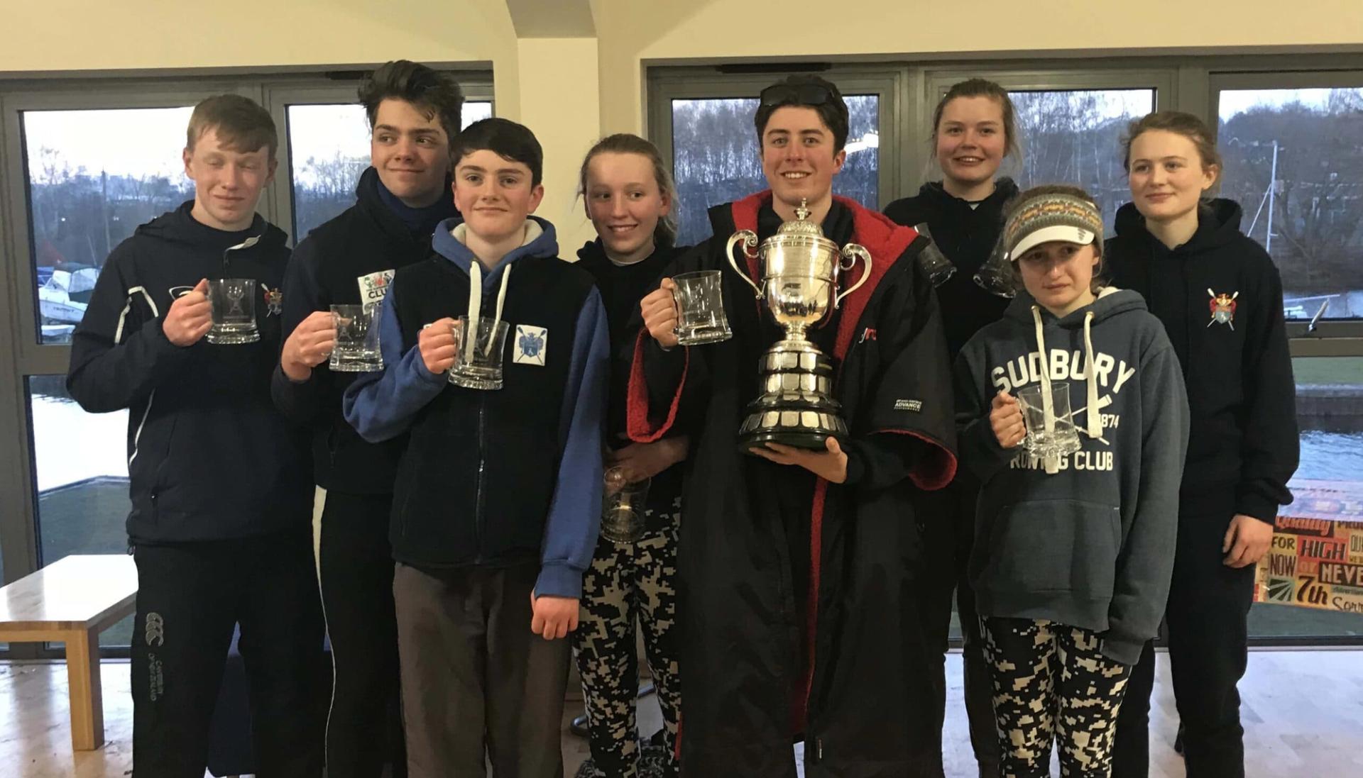 L-R: Sam McLoughlin, Gareth Moriarty, Owen Moriarty, Amelia Maskell, Byron Bullen, Martha Bullen, Amelia Moule and Freya Evans – some of the SRC winners with the Deuchar Cup.