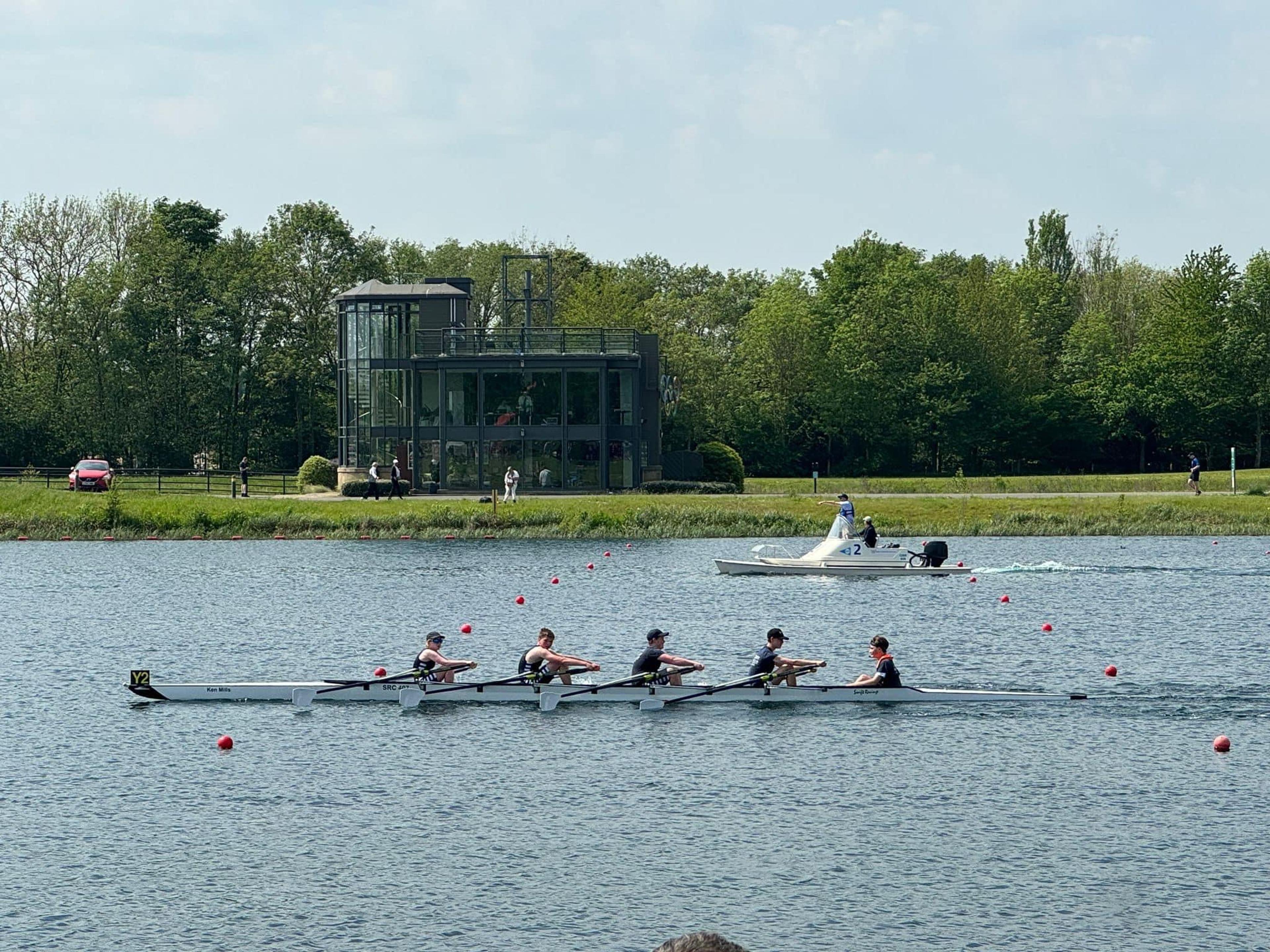 Polly, Oli, Hamish, Leo and Ted (cox), who raced in the J15 4×- at Ball Cup South.