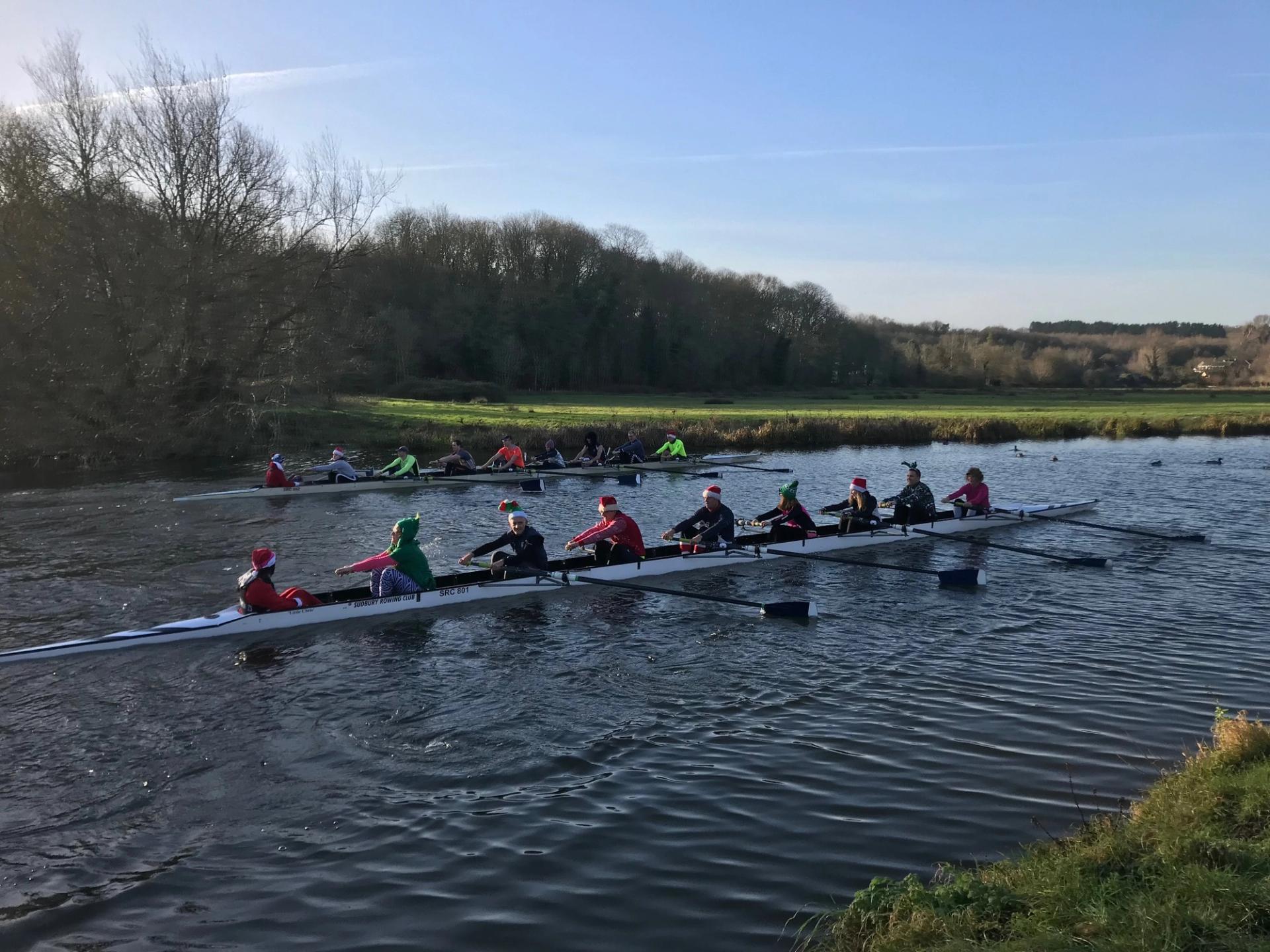 Eights race down the 350m sprint course at Sudbury’s 2018 Pudding Races. 