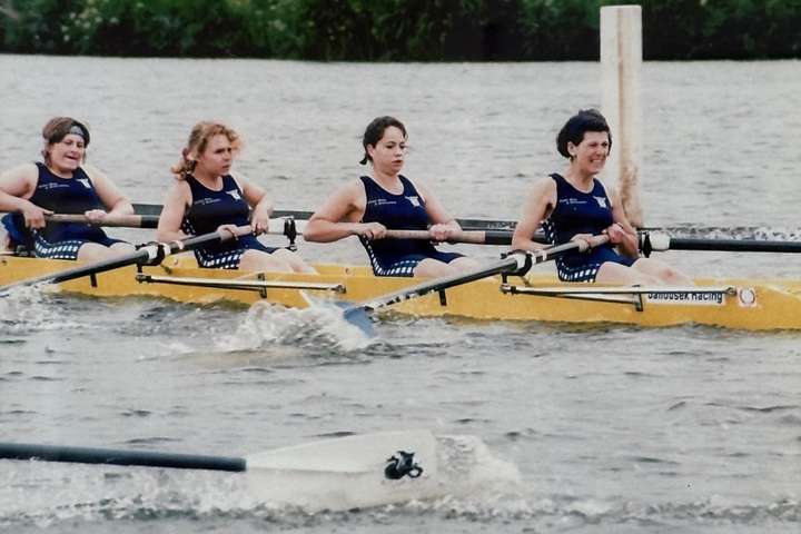 Stroke: Fiona Sawyer, three: Jo Smith, two: Susie Allen. bow: Michelle Moule, cox: Chris McGlynn, coaches: Terry Gostling and A…