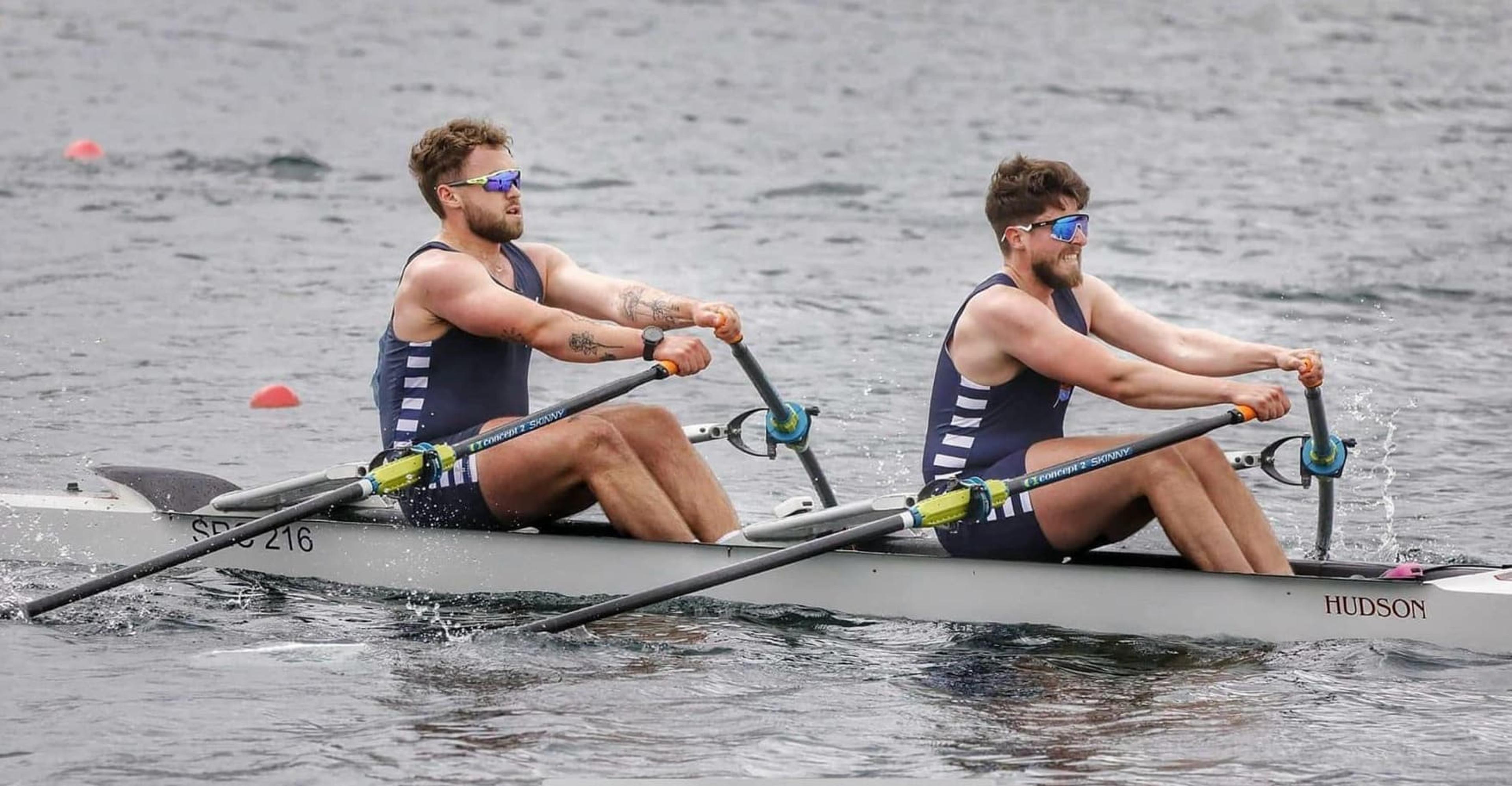 Harry Moule and Byron Bullen, racing at Marlow Regatta on Dorney Lake.