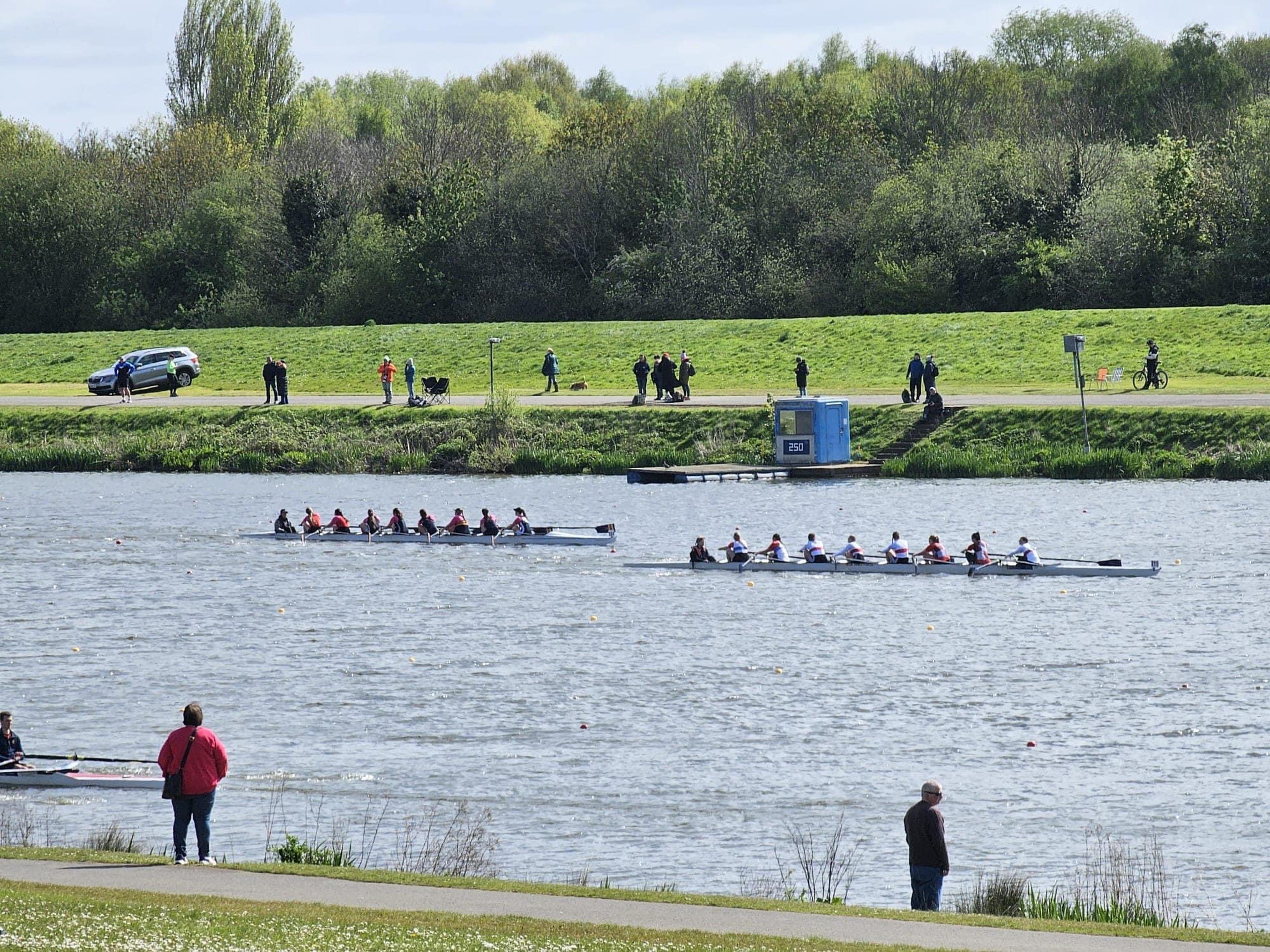 The Eastern boat (left) and Wessex boat (right) in the W J16 8+ time trial on Dorney Lake.  