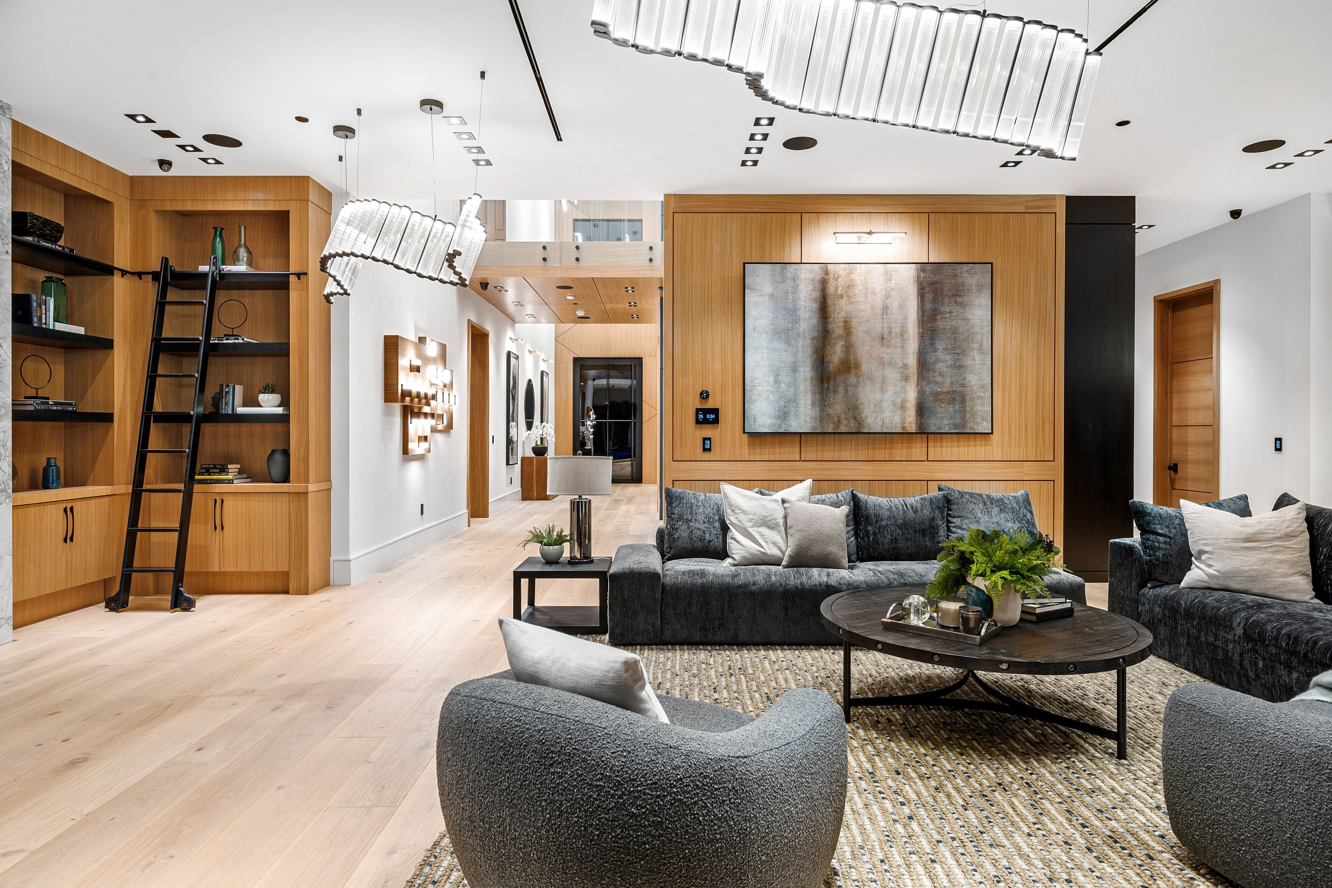 Modern living room with stylish furniture and wooden accents