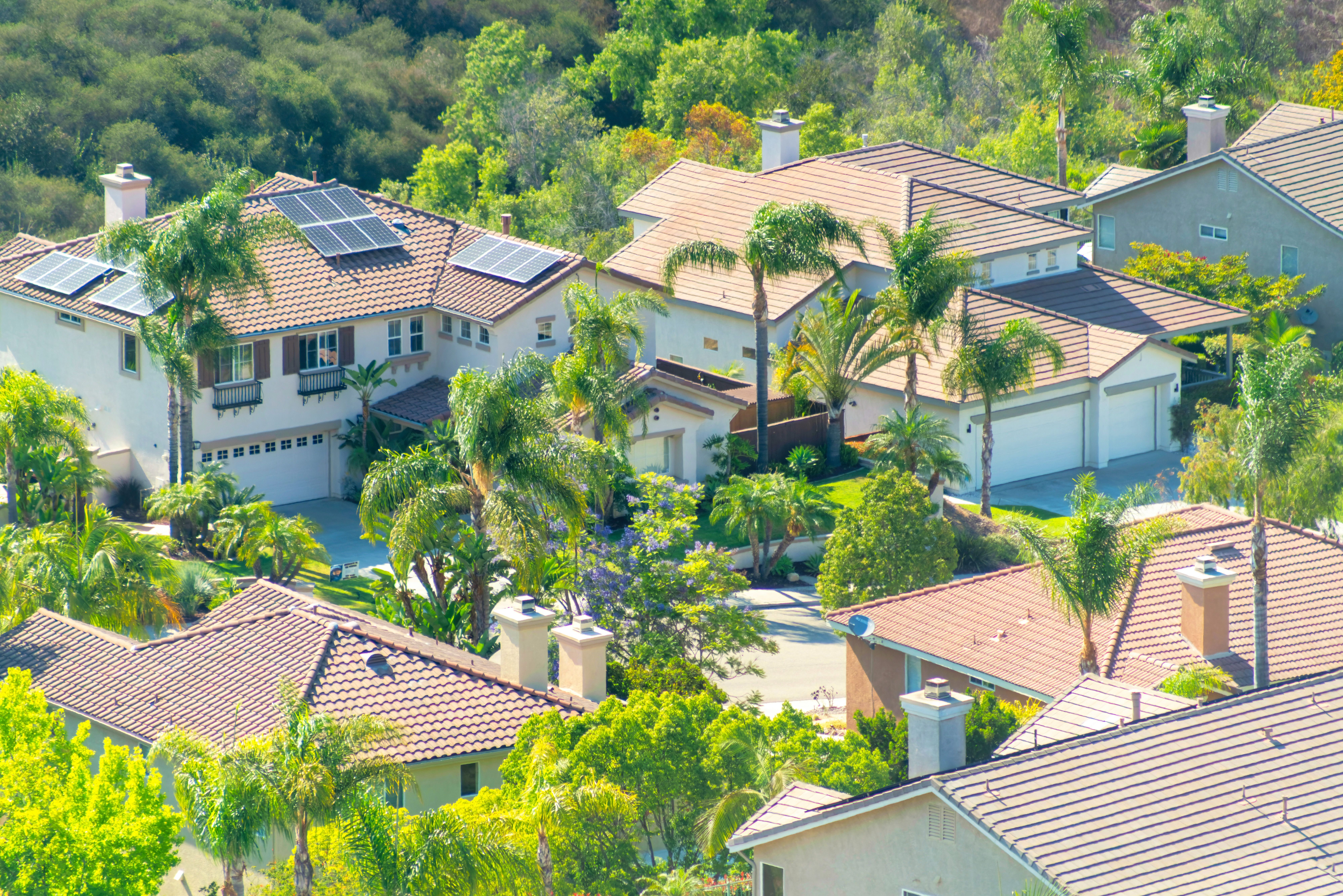 Aerial view of a small resort town on a sunny day
