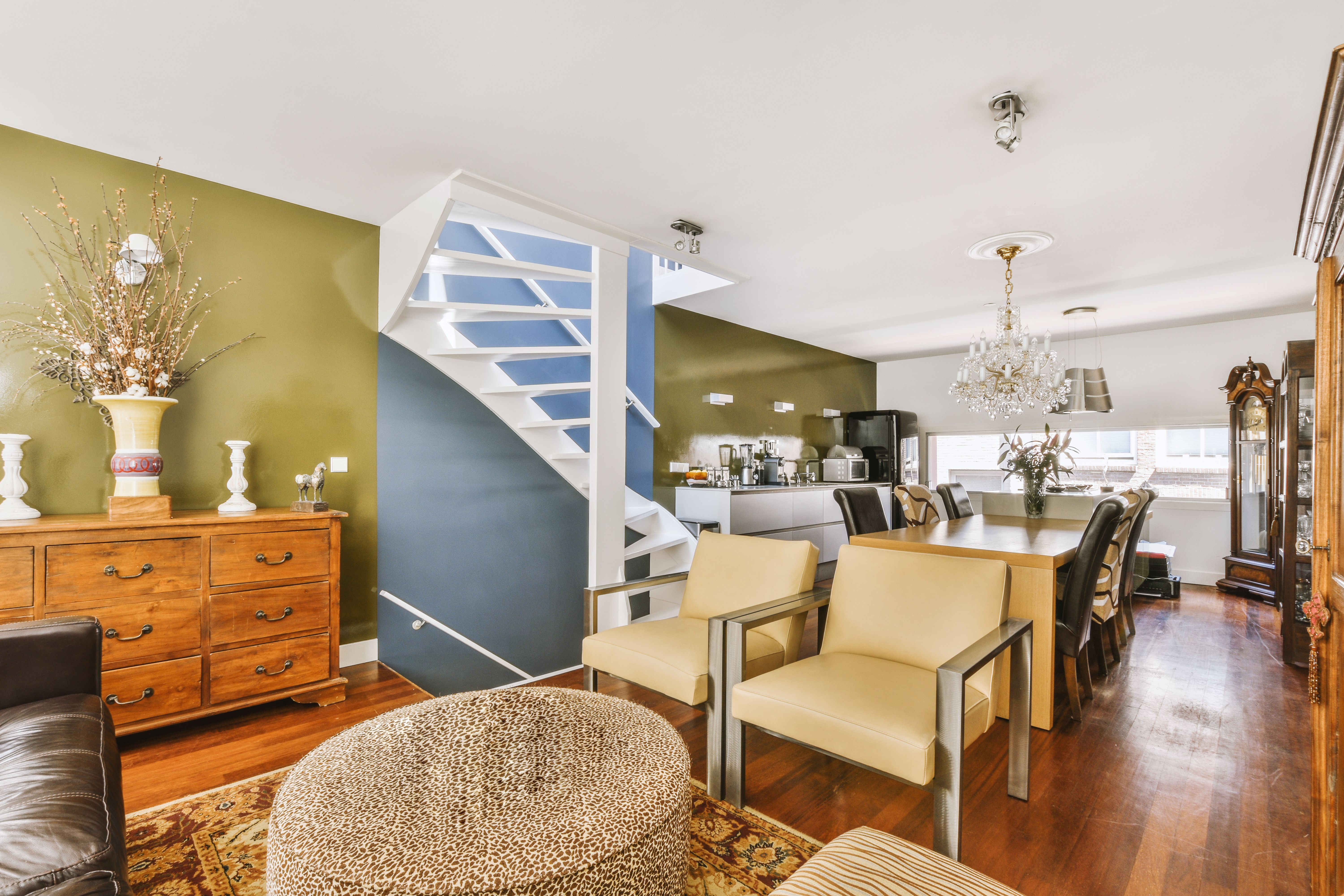 Studio apartment interior with wooden furniture