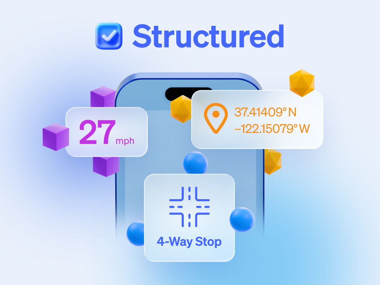 Structured: Smartphone interface displaying speed, GPS coordinates, and a 4-way stop traffic sign.