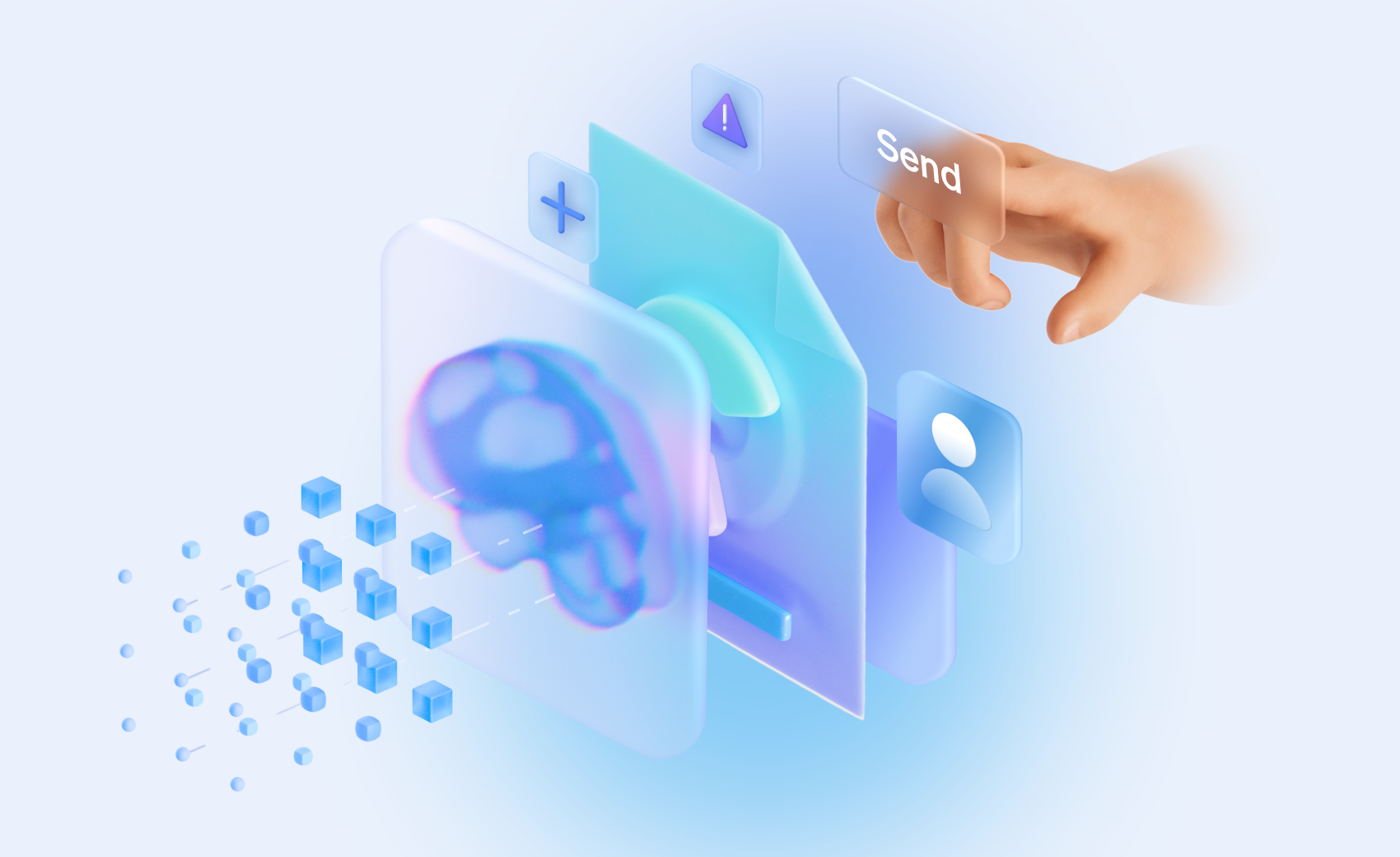 FNOL automation: A hand presses a digital “Send” button on a translucent interface with data icons and floating cubes
