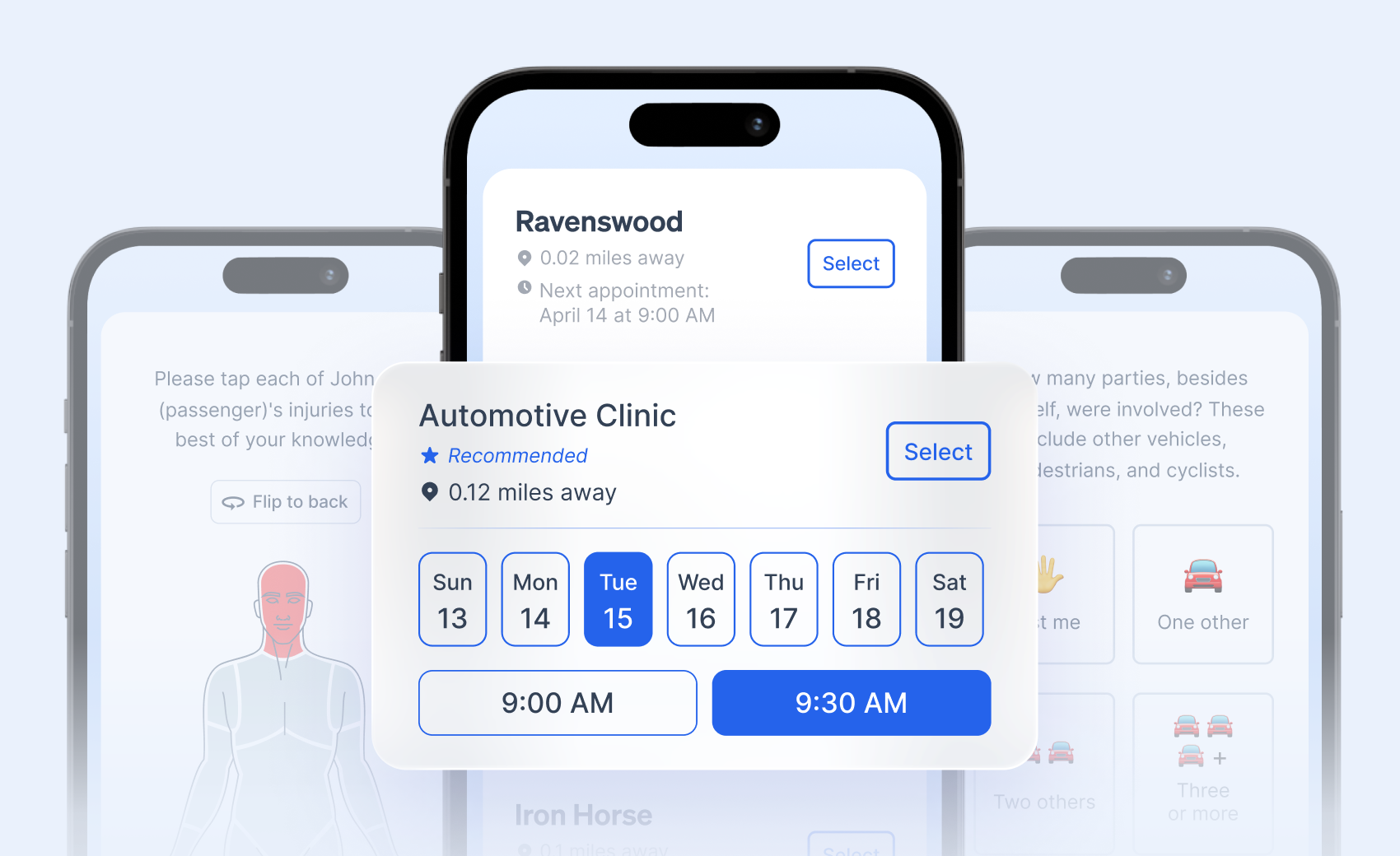 What is FNOL? Demonstrating digital FNOL with three phone screens for injury reporting and auto clinic scheduling.
