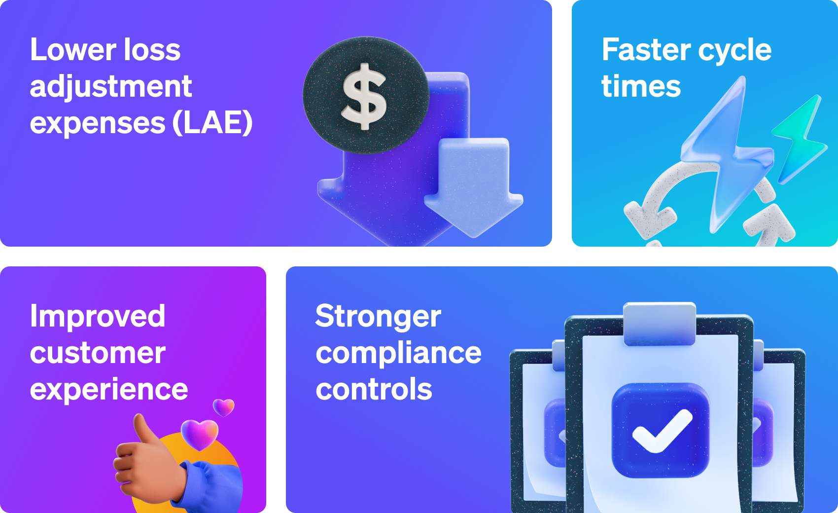 A list of the key metrics AI claims automation improves, including lowering LAE, faster cycle times, improved customer experience, and stronger compliance controls