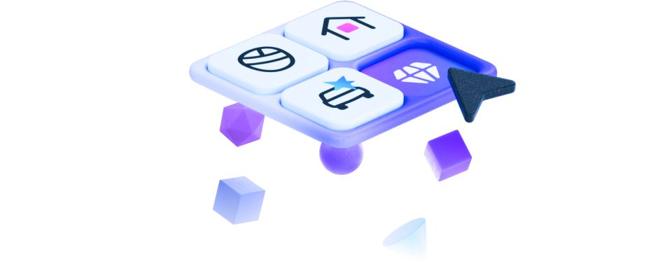 A colorful floating control panel with four app-style icons and a cursor pointer.