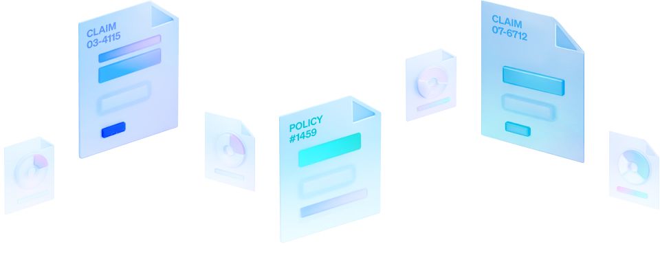 Translucent digital folders and policy documents arranged in a semi-circle with pastel accents.