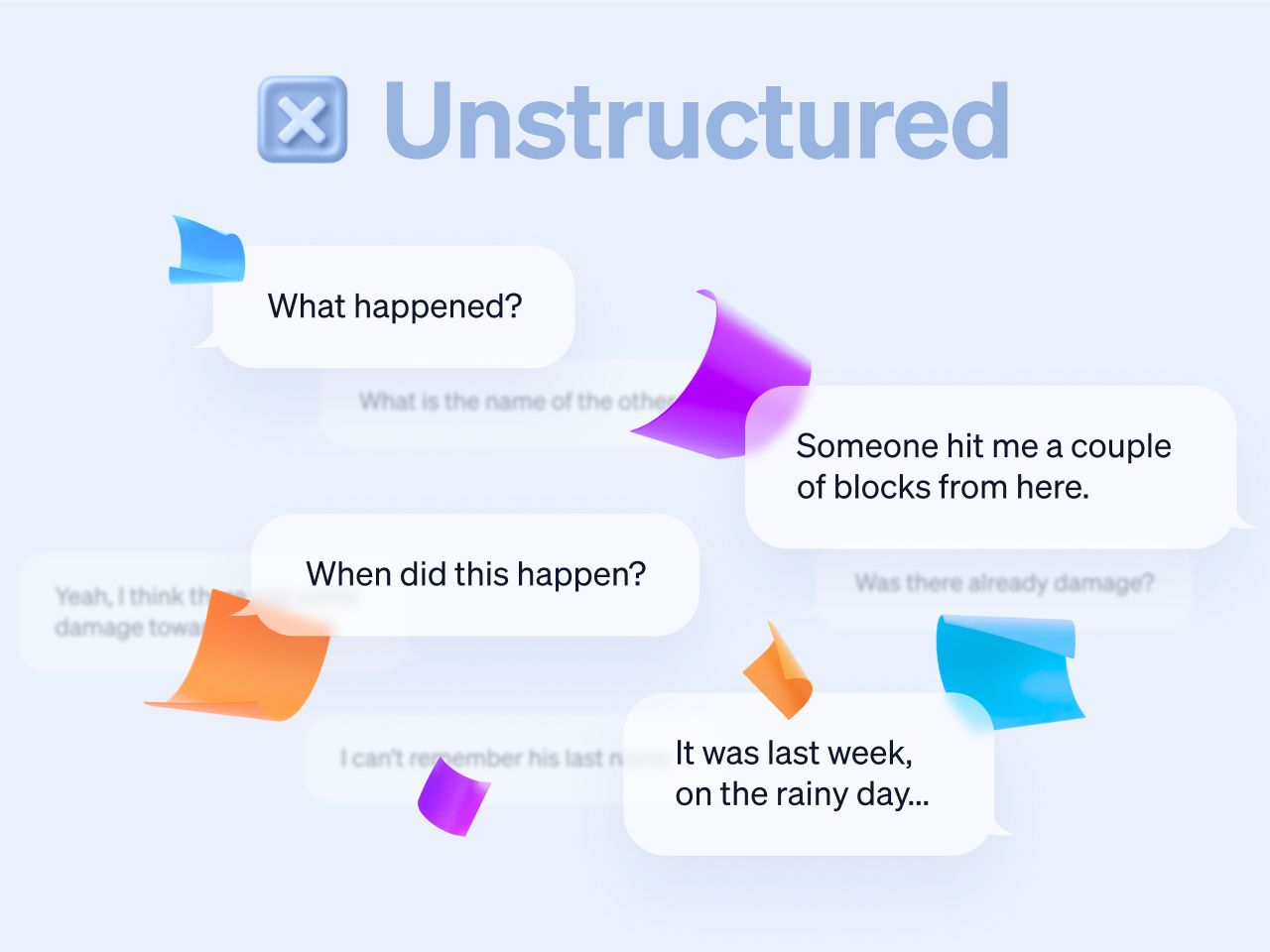Unstructured: Colorful speech bubbles showing a fragmented conversation about a car incident.