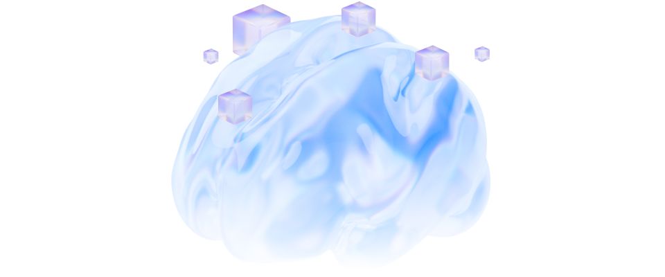 Soft blue-white glass brain with floating translucent purple and blue cubes suggesting light, airy data.