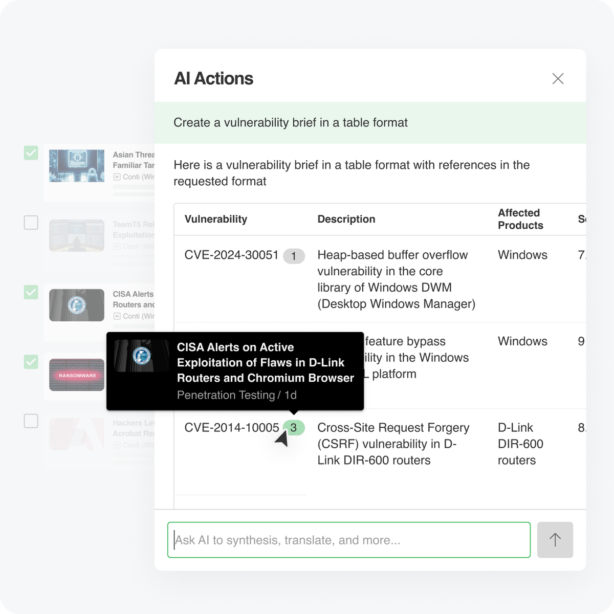 Generate vulnerability intelligence reports in minutes with AI Actions