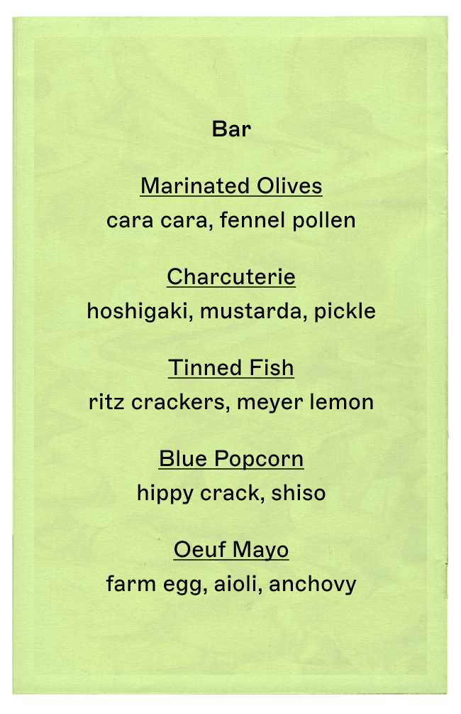 Raw: Oyster, s half dozen / dozen. Seafood Tower , fruits de mer. Halibut Agua Chile,  passion fruit, winter citrus, shrimp chips. Big Eye Tuna Crudo,  ojai kosho, crispy garlic, anise hyssop 