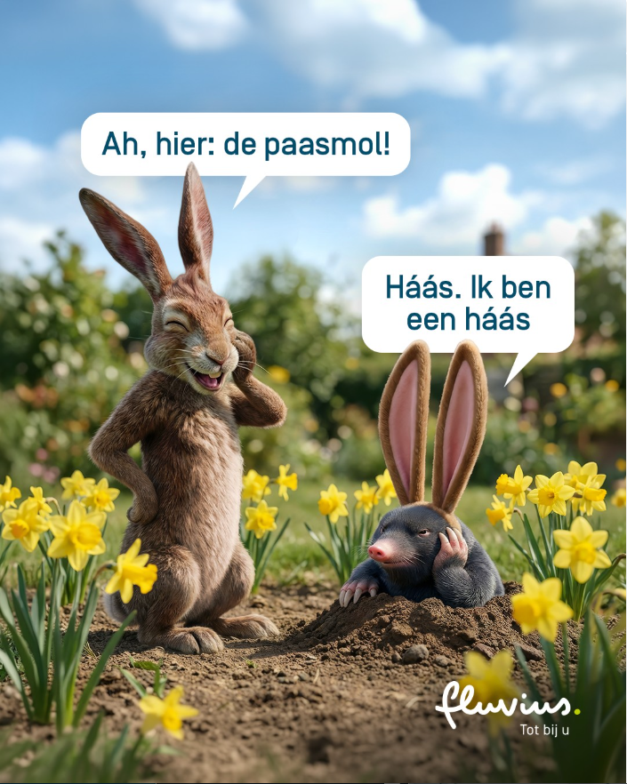 "Fluvius wenst iedereen een vrolijk Pasen! Maar euh, heeft iemand Mol nog gezien? 🤔". 