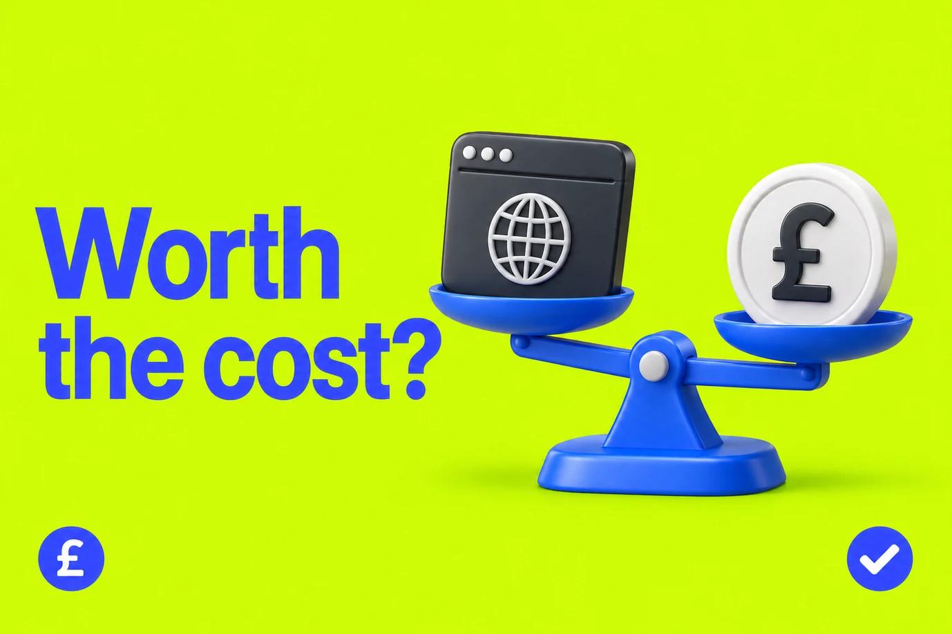 A blue dimensional weighing scale balancing a charcoal browser tile and a white coin, with blue “Worth the cost?” text and supporting icons on lime green.