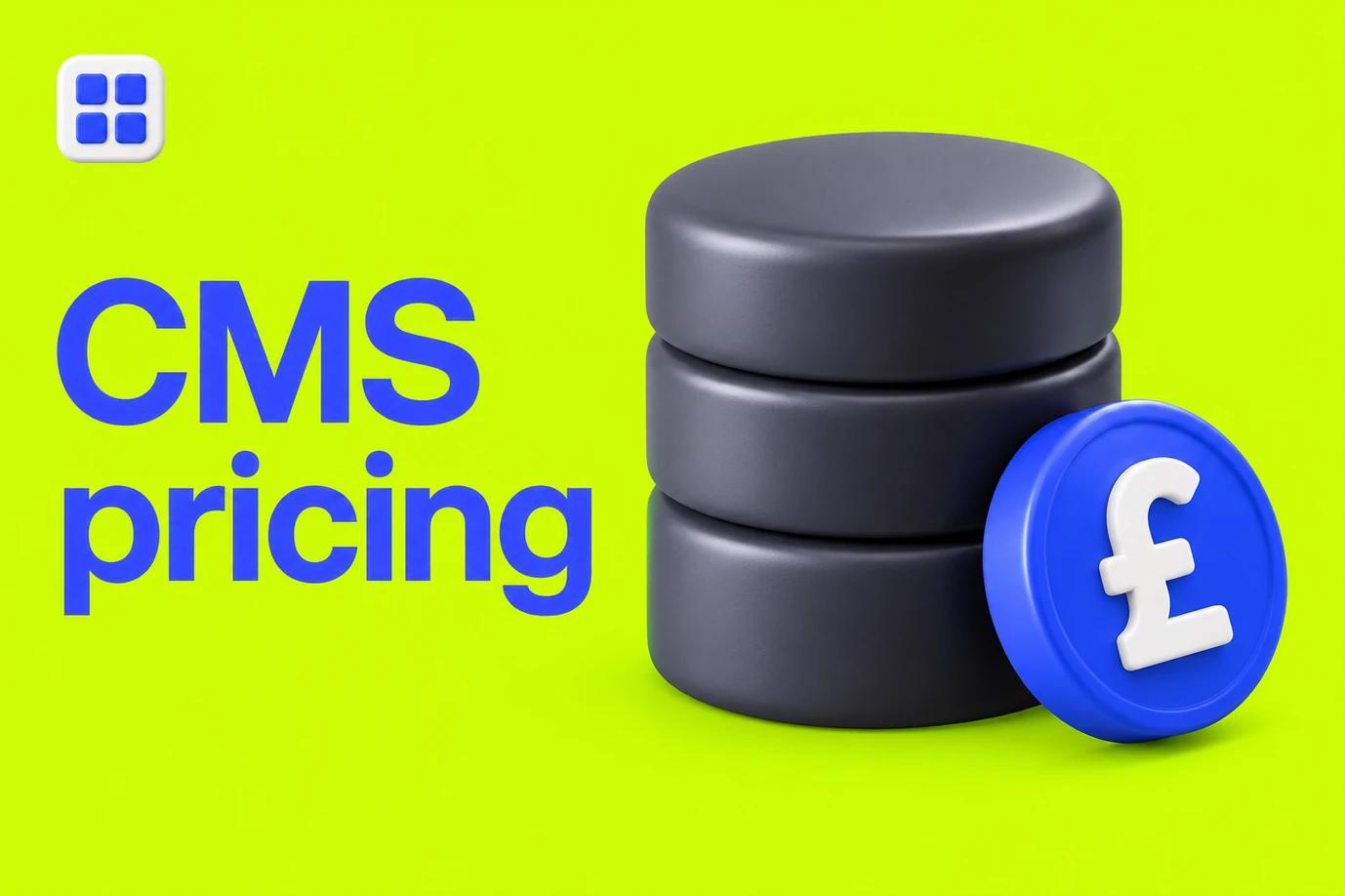 A charcoal rounded content database cylinder with a vivid blue coin balancing beside it, with blue “CMS pricing” text and supporting icons on lime green.