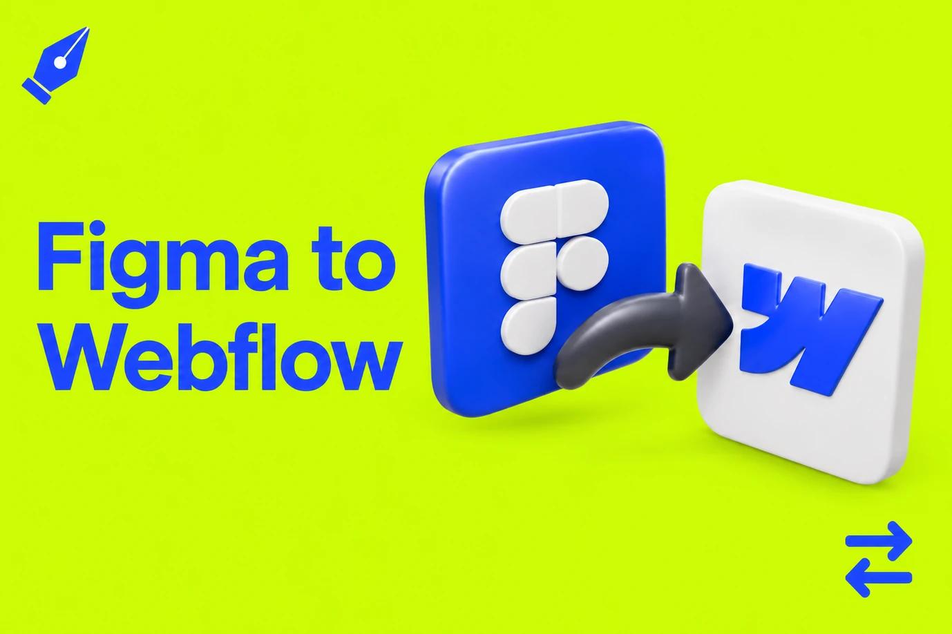 Two blue and white dimensional design panels joined by a rounded charcoal arrow, with blue “Figma to Webflow” text and supporting icons on lime green.