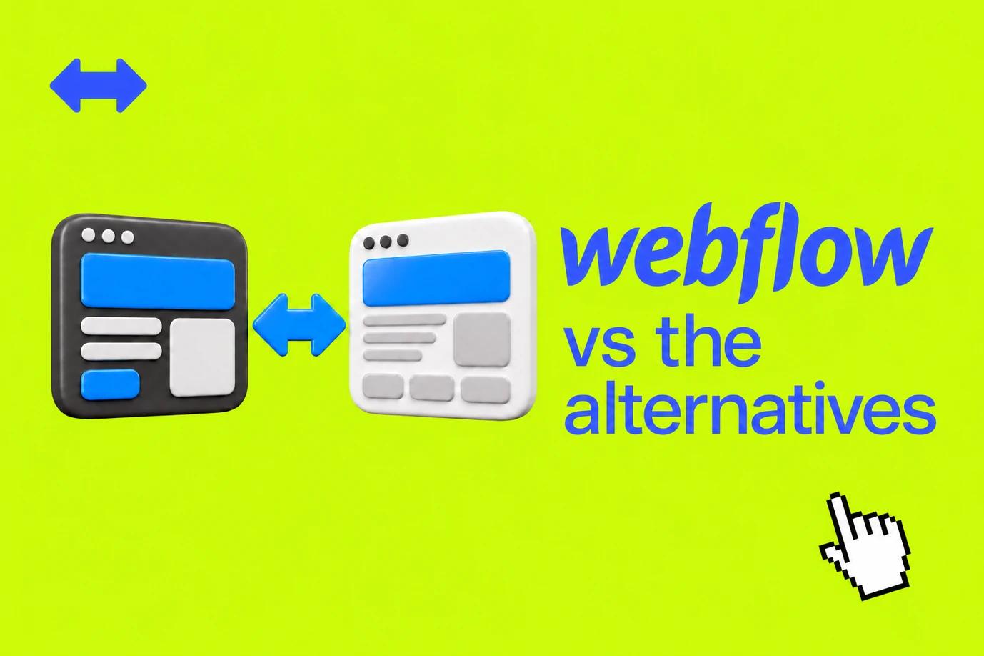 Two rendered browser panels and a comparison arrow on lime green, labelled webflow vs the alternatives