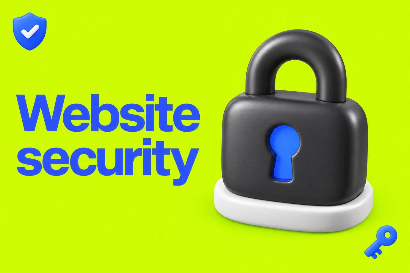 a large chunky charcoal padlock with a vivid blue keyhole, white rounded base and subtle satin highlights, with blue “Website security” text and supporting icons on lime green.