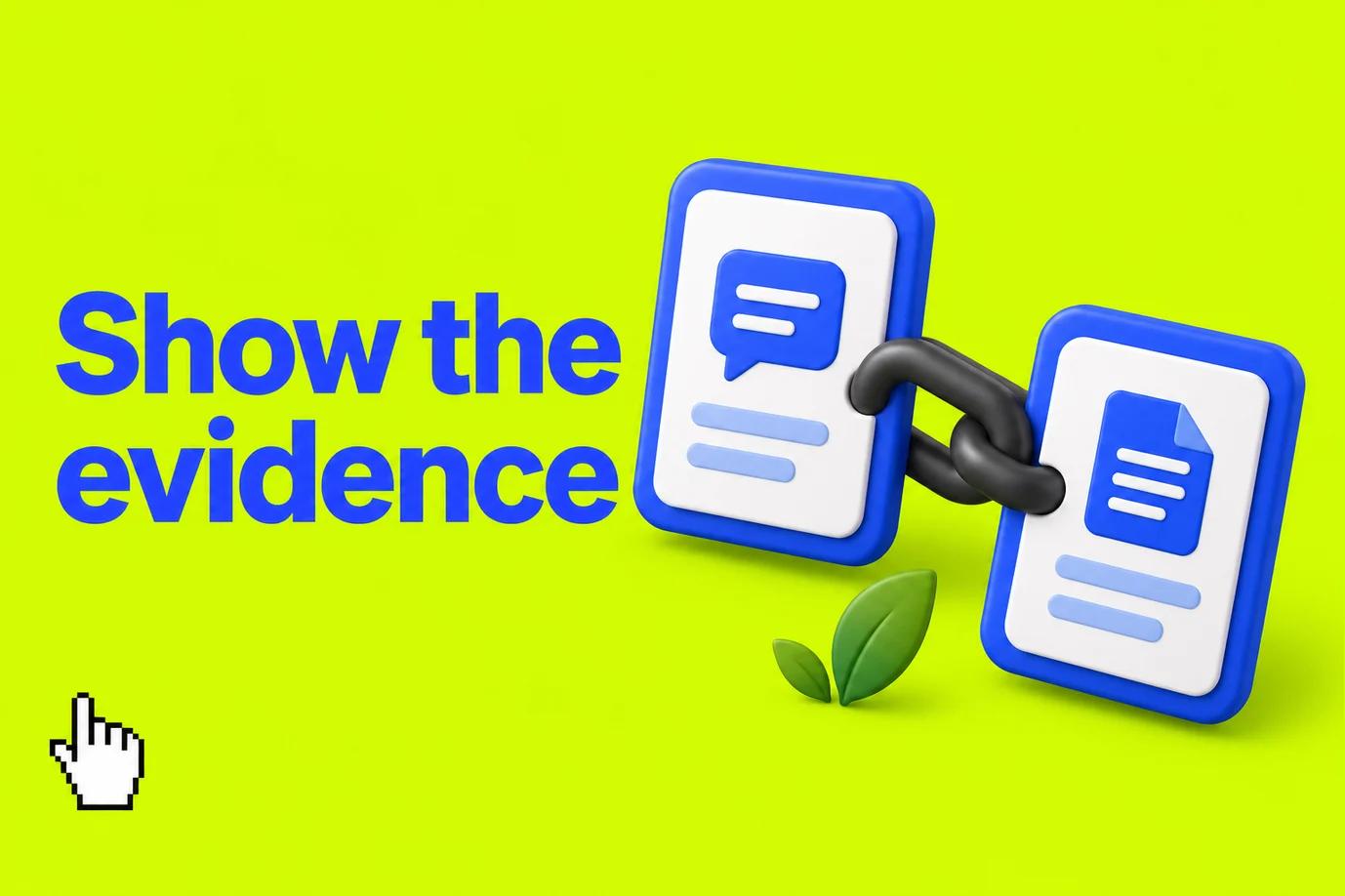 Editorial illustration: Two substantial blue and white cards joined by a charcoal link, representing a claim and its source.