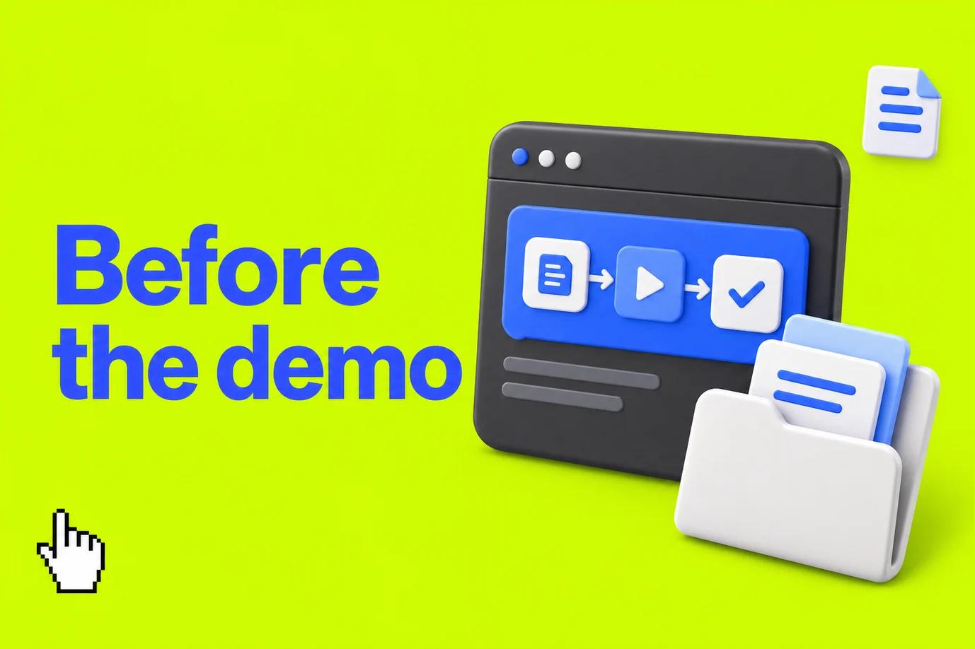 Editorial illustration: A charcoal product window with a blue workflow card and a separate white evidence folder.