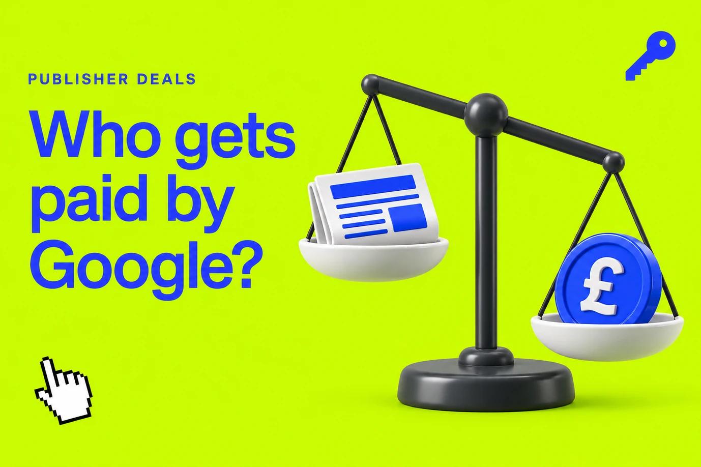 A charcoal balance scale weighing a white newspaper against a blue pound coin on lime green, with the title Who gets paid by Google, a key and a pixel cursor