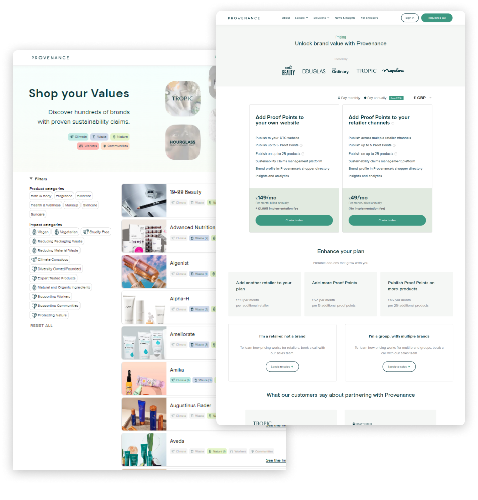 Sustainability marketing with Provenance — website preview