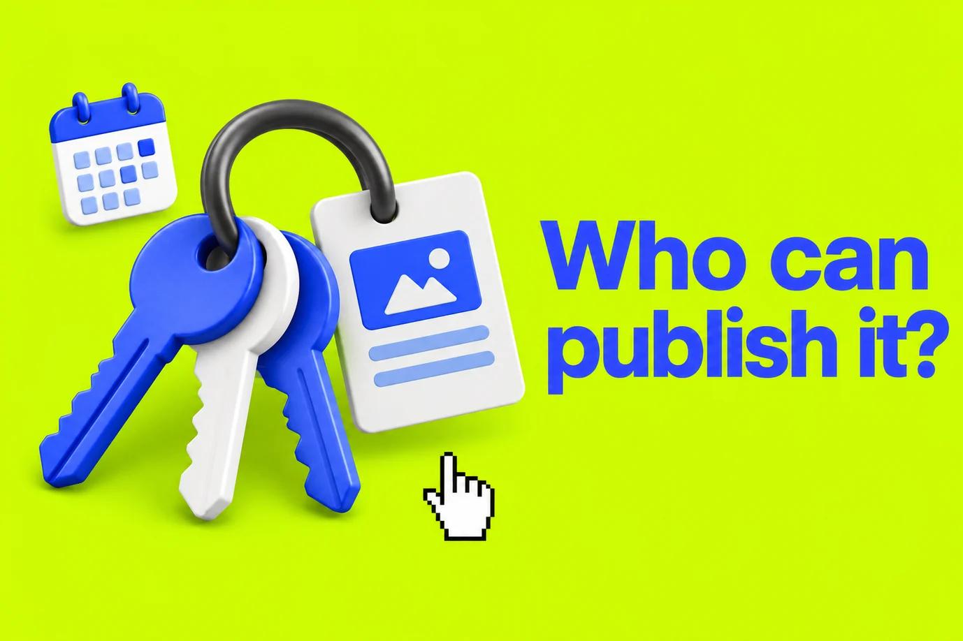 Editorial illustration: A charcoal key ring holding three blue and white keys beside a small publishing card.