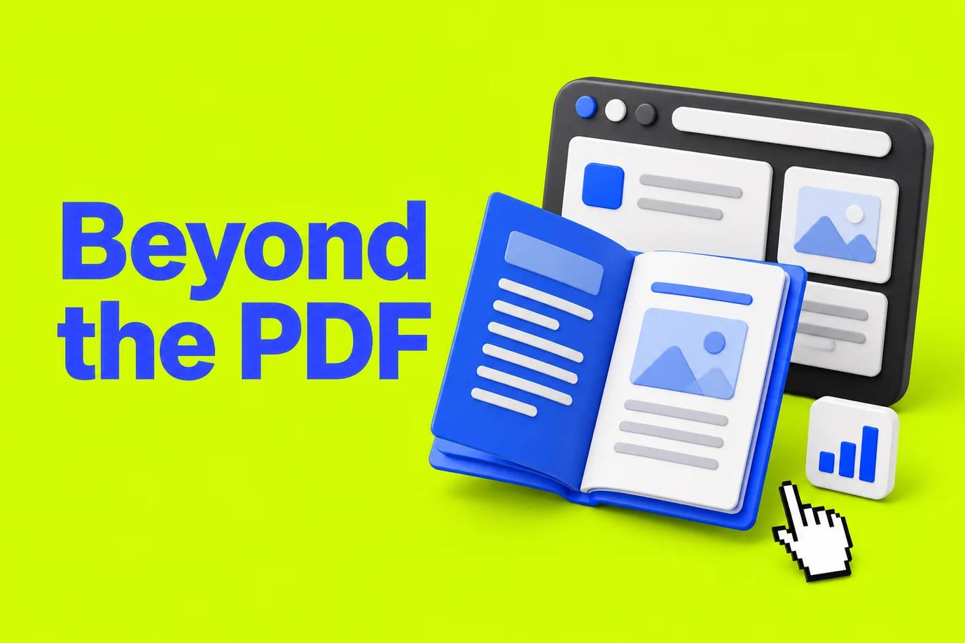 Editorial illustration: A blue folded report opening beside a charcoal browser window with white content panels.