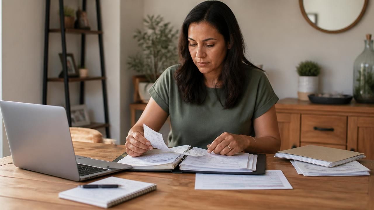 Small business owner reviewing receipts and an expense binder at a wooden table