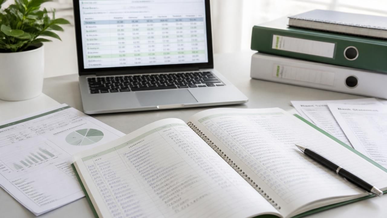 Organized bookkeeping ledgers, bank statements and a spreadsheet on a tidy desk