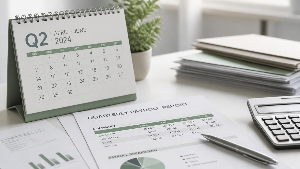 Quarterly payroll report, desk calendar, pen and calculator on an office desk