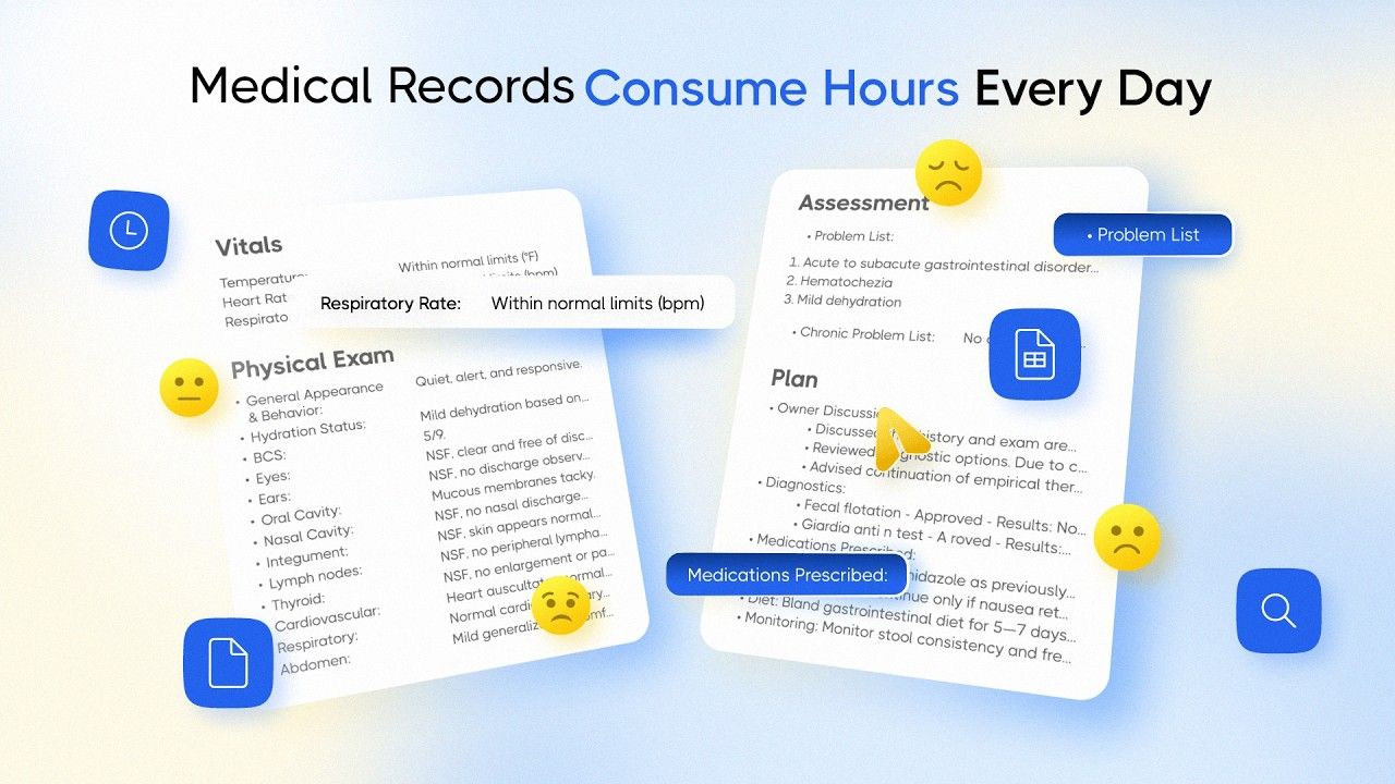 A stylized 3D medical records interface workflow demonstrating administrative burnout, from a HealthTech SaaS explainer video produced by Beliv8 Motion.