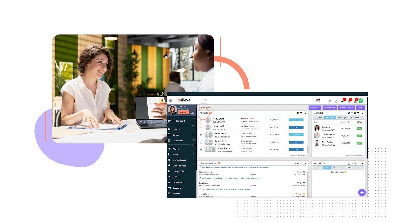 Alleva healthcare platform dashboard showing client list, task tracker, and communication log, with two women talking in an office setting