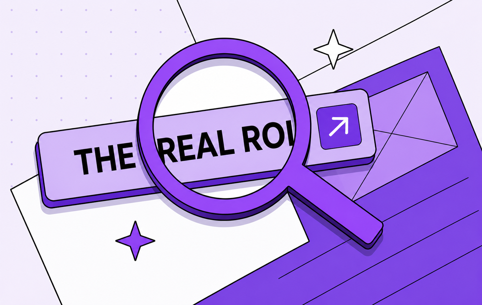 Magnifying glass highlighting "the real ROI" text, representing the return on investment of explainer videos