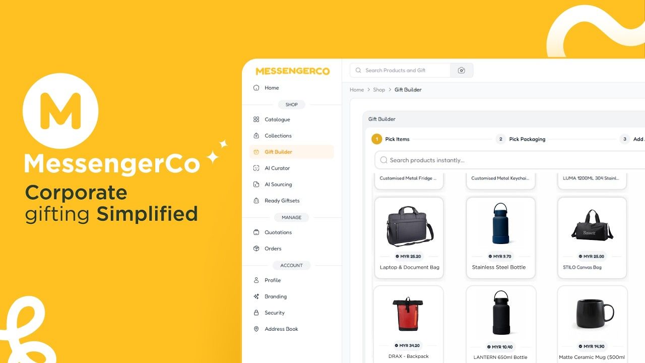 MessengerCo corporate gifting platform dashboard showing Gift Builder interface with laptop bag, water bottle, and mug product options