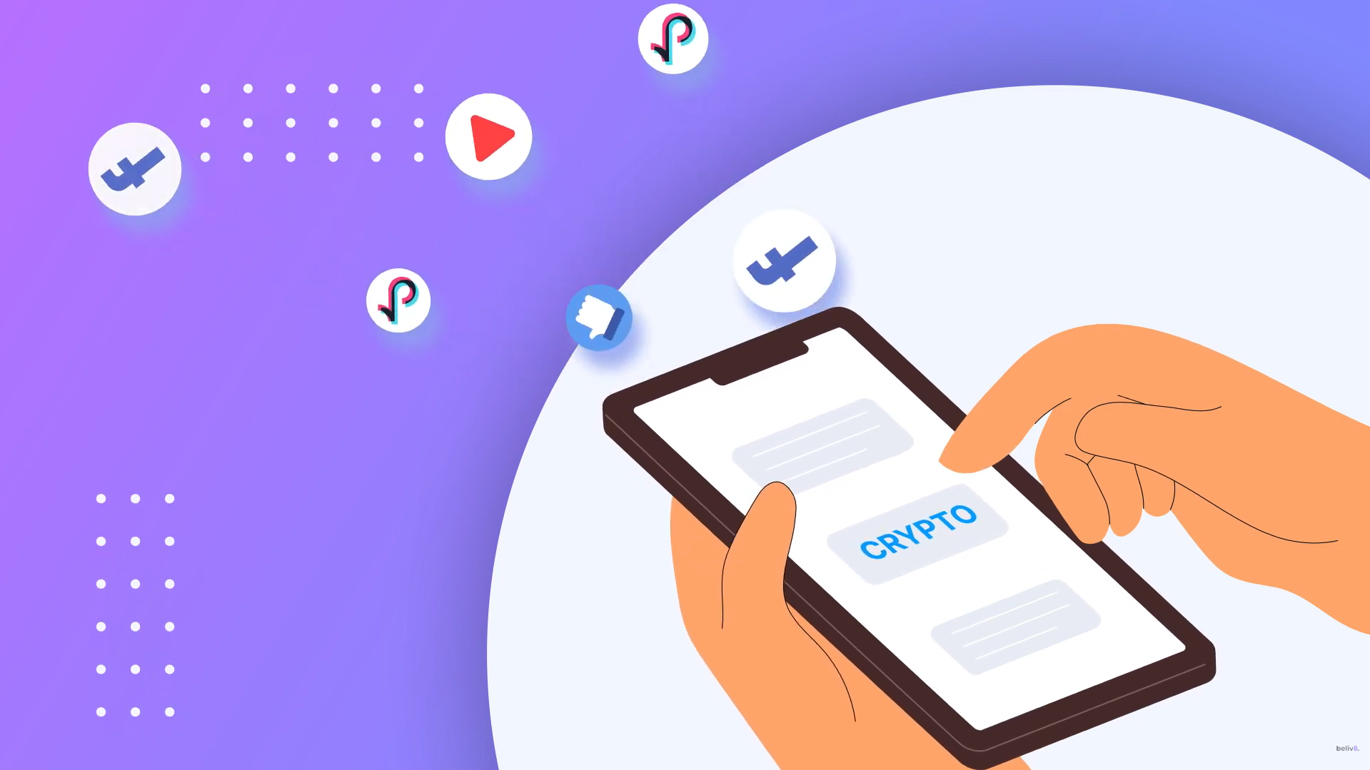 Hand holding a phone showing a "Crypto" button, surrounded by social media icons and a thumbs-down reaction, illustrating a Web3 SaaS explainer video