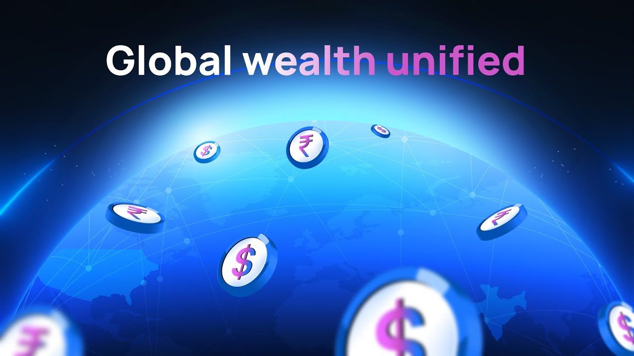 Global wealth unified text over a rotating globe with dollar and rupee currency icons connected by a digital network