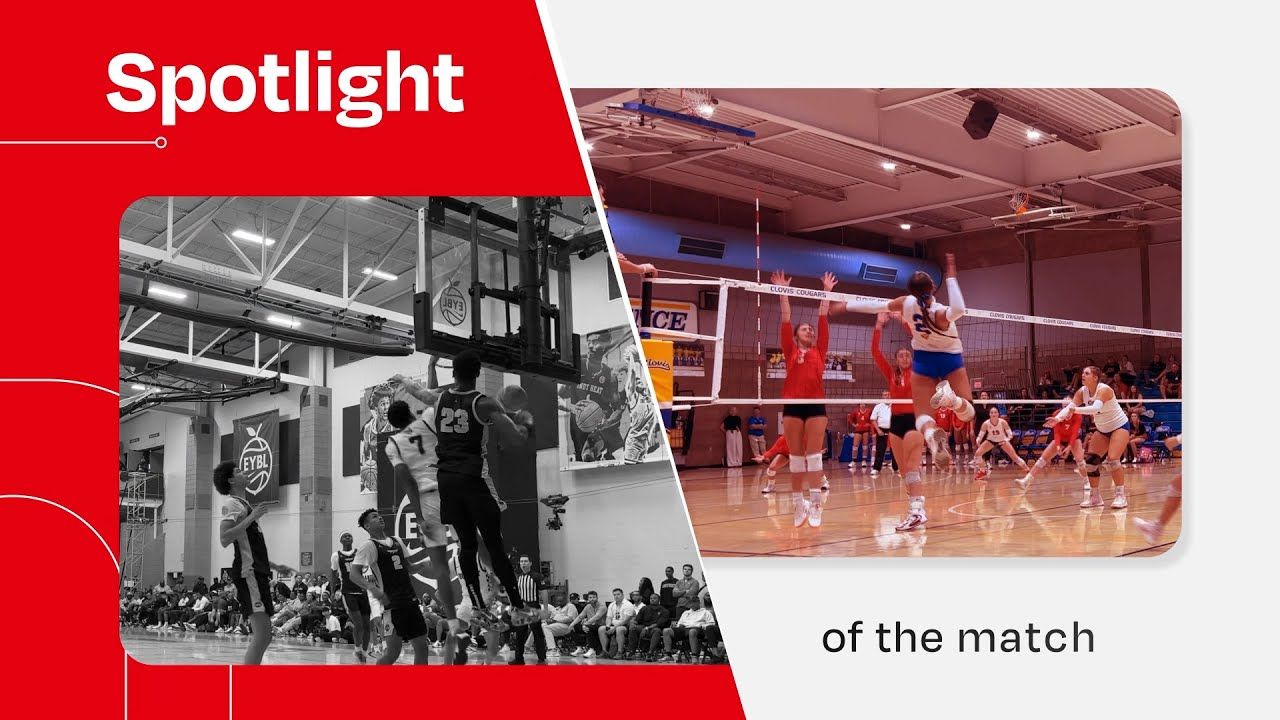 "Spotlight of the match" text beside basketball and volleyball game action photos, from a sports highlight video
