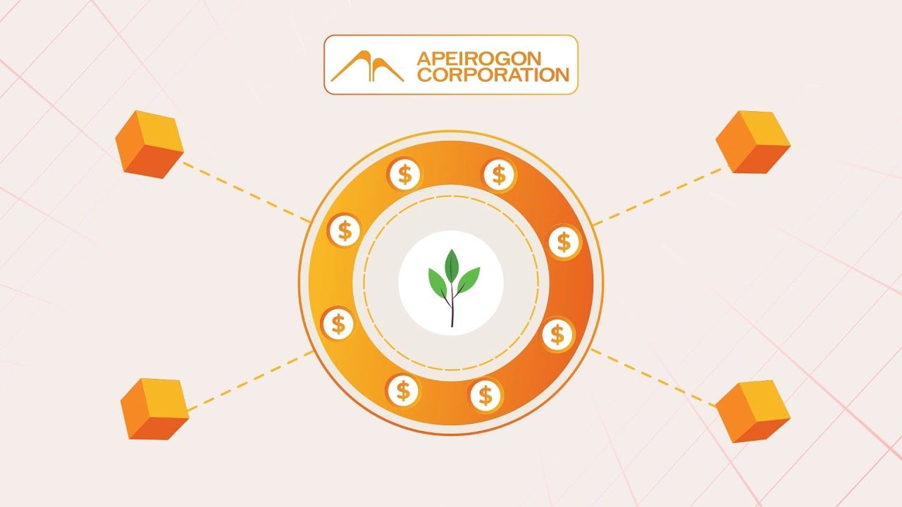 Apeirogon Corporation logo above a growth icon surrounded by dollar signs and connected blockchain-style cube nodes