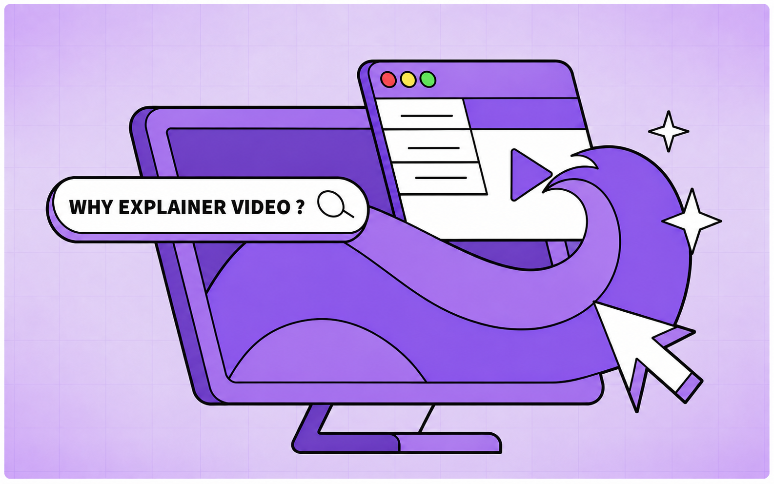 Illustration of a browser search bar asking "why explainer video" next to a video play window, representing why startups use explainer videos before launch