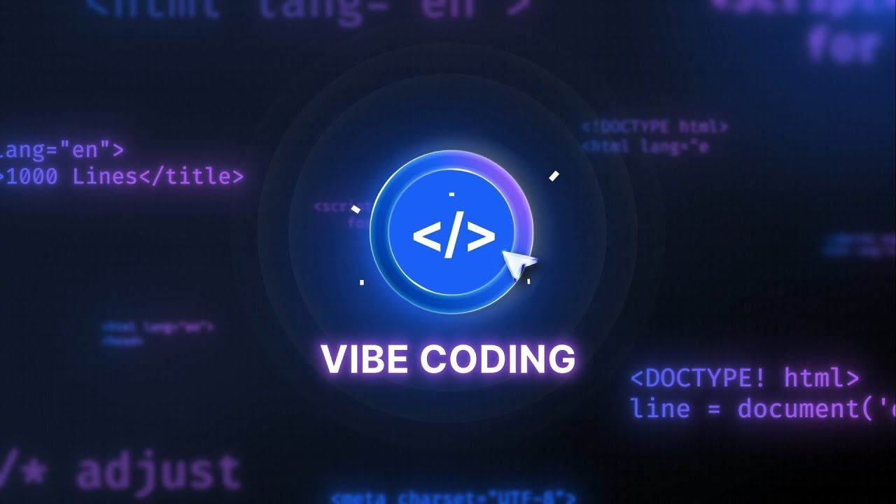 "Vibe Coding" title card with a glowing code icon over a dark HTML and JavaScript code background, from a SaaS product launch video