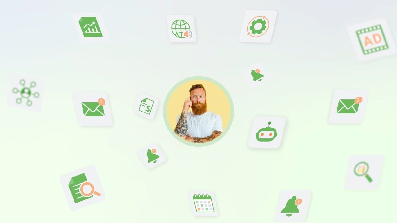 Bearded man thinking, surrounded by icons for email notifications, chatbot, ad management, analytics, and invoicing on a SaaS explainer video thumbnail