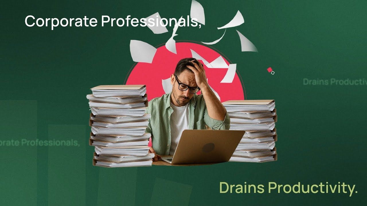 Stressed man surrounded by paper stacks and a laptop, with text "Corporate Professionals, Drains Productivity" on an app demo explainer video thumbnail