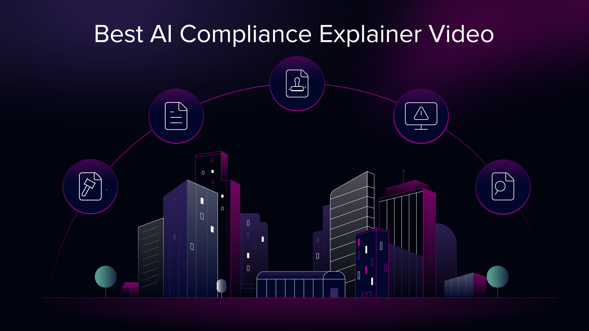 "Best AI Compliance Explainer Video" title card with a dark cityscape and icons for digital signatures, monitoring, audits, and document review