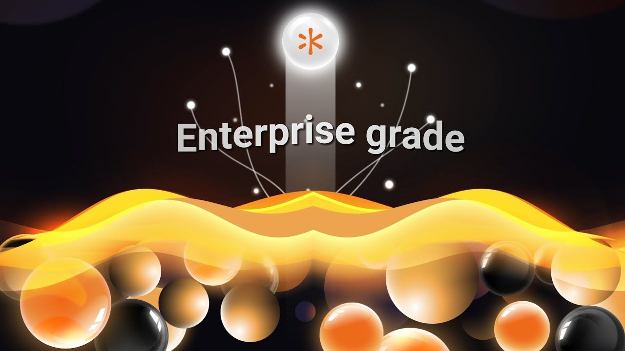"Enterprise grade" text above a golden wave graphic with orange and black spheres from an animated SaaS promo explainer video